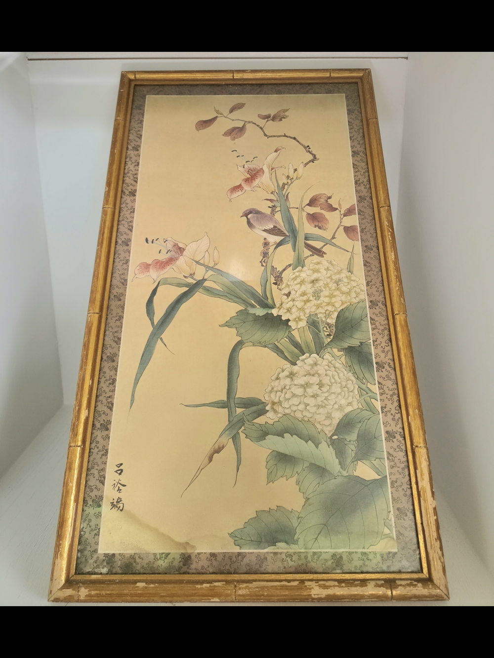 Vintage Chinoiserie Asian Bird & Floral Print Faux Bamboo Wood Frame 15.5”x27.5”